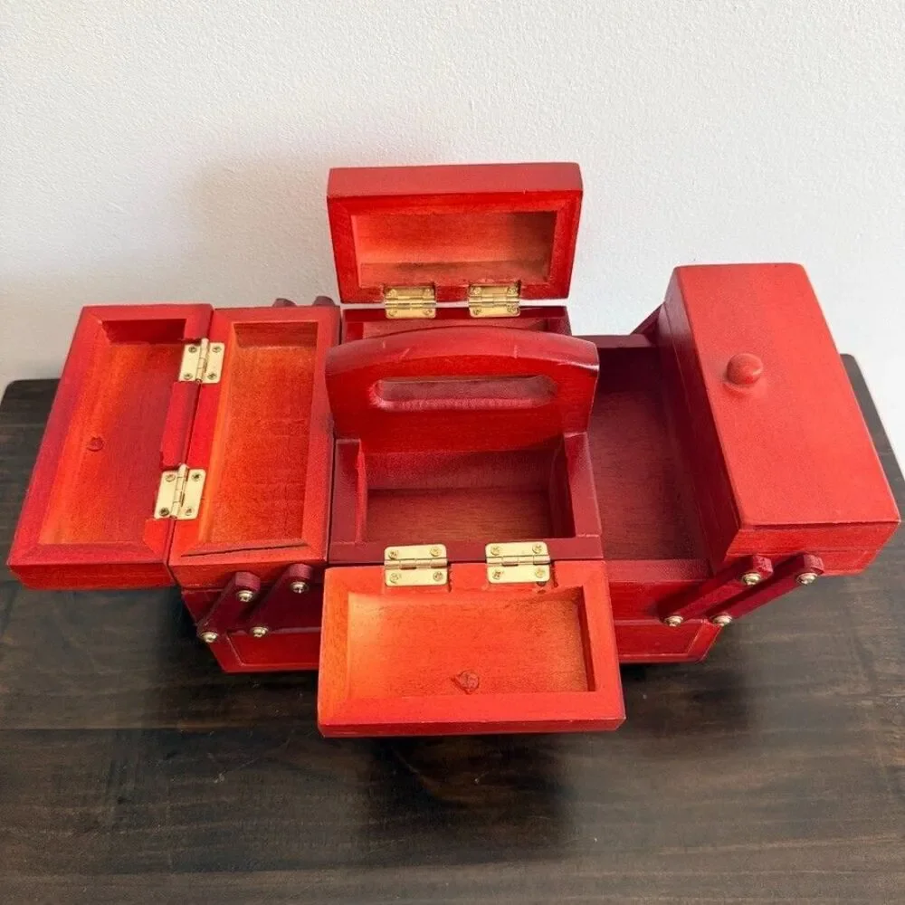 Vintage Red Wooden 2 Tier Cantilever/Accordion Sewing Kit w/feet includes thread